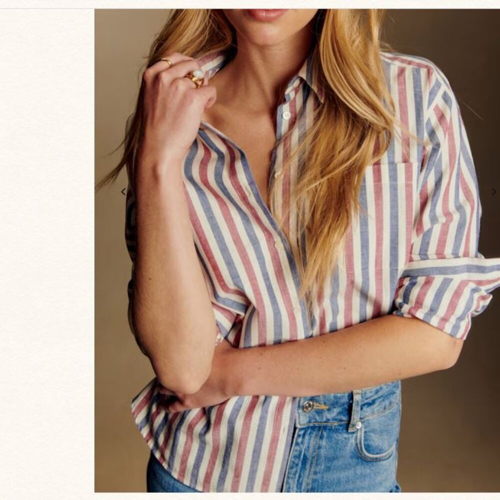 Sezane Striped Button-Down Shirt in Blue, Red, White